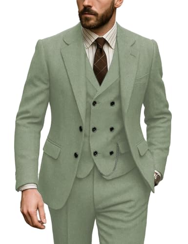 Men's 3 Piece Blazer Sets Vintage Tweed Herringbone Tuxedos Slim Vest Pants Wedding Groom Prom Jacket4