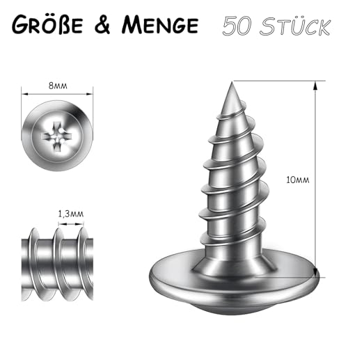 ORTAVA Blechschrauben M4 x 10 mm, 50 Stück Holzschrauben Edelstahl A2 V2A Flachkopf mit Scheibe Kreuzschlitz mit Bohrer, Selbstschneidende Schrauben Silber Oxid, Tellerkopfschrauben Vollgewinde