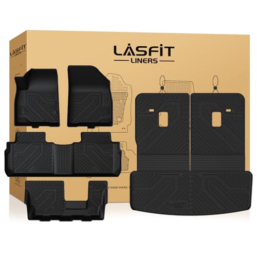 Image of LASFIT Floor Mats & Cargo Liner with Backrest Mat for GMC Acadia 2017-2023 (Only Fit 7 Seats), All Weather TPE Custom Fit Floor Mats for Cars, 3 Rows Floor Liners Car Mats Full Set, Black