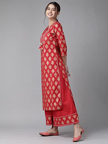 Image of INDO ERA Women's Pure Cotton Printed Straight Kurta with Sharara Set(KS0RD2400)
