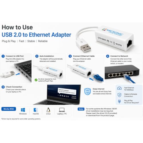 Image of USB 2.0 to Ethernet Adapter, RJ45 LAN Network Adapter, 10 /100Mbps, Plug & Play for Laptop, PC, Windows, Mac OS
