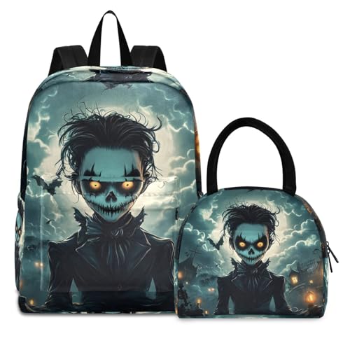 Vampire Halloween Print Backpack Set with Lunch Bag, Large Capacity Travel Backpacks and Lunch Box Insulated for Commute Hiking Picnic