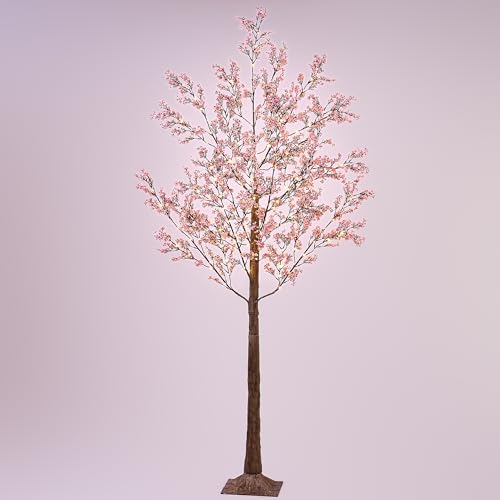 LIGHTSHARE 6FT Lighted Cherry Blossom Tree with 171 LED Warm White Lights Dimmable Artificial Sakura Tree with Remote Timer & Transformer Indoor Outdoor Decorative Flower Tree with Ground Stakes
