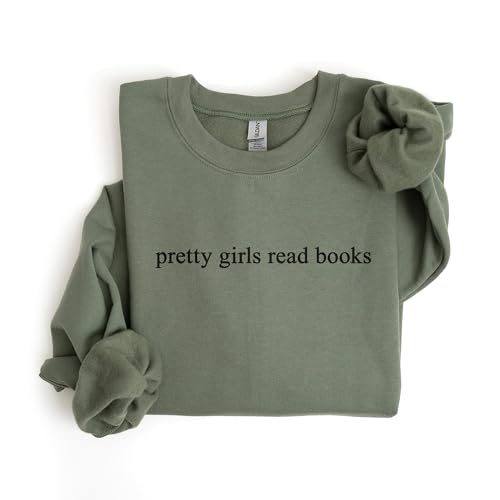 Pretty Girls Read Books Sweatshirt, Minimalist Gift For Book Lover, Bookish Librarian Sweater, Book Club Gift, Unisex Crewneck Reading Sweatshirt Military Green