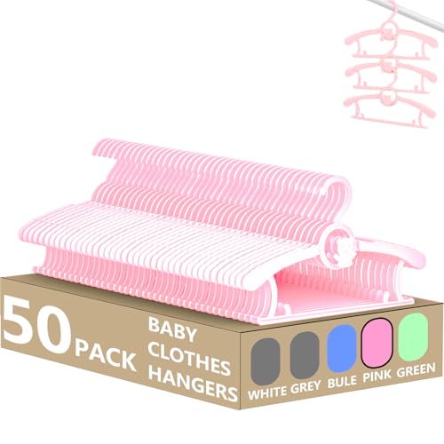 Image of HGYZE Kid Hangers for Closet 50pcs, Pink Baby Clothes Hanger Plastic, 11-14" Adjustable Bulk Perchas for Newborn, Non-Slip Children Outfit Bear Hangar for Girl Boy Toddler Infant Nursery Clothing