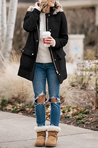 Shanfetl Womens Coats Fall Winter Warm Mid Length Pea Coats Elegant Jackets Outwear with Faux Fur Hood4