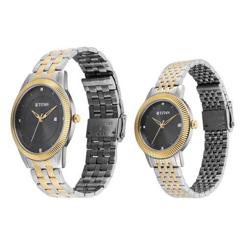 Image of Titan Bandhan Eternal Pair Analog with Date and Gun Dial Dual Tone Stainless Steel Strap Watch for Couples - 19682968BM01