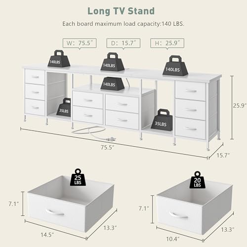 Image of 75.5 inch Long TV Stand for 85 /80 /75 inch TVs with LED, Power Outlets & 10 Drawers | White Television Stands with 2 Separate Wood Shelves, Spacious Storage,Sturdy Metal Frame for Bedroom Living Room