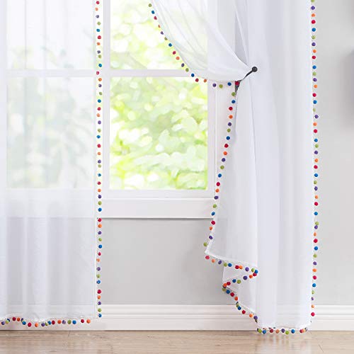Image of Treatmentex White Sheer Curtains Multi Colorful Pom Pom Sheer Drapes 63 inch inches Long Window Draperies for Nursery Room Bed Canopy 2 Panels Rod Pocket