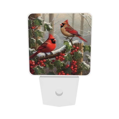 Image of Christmas Red Birds Night Light Set of 2, Winter Snow Auto Sensor LED Dusk-to-Dawn Nightlights, Plug-in Sensor Lamp for Bedroom Bathroom Kitchen Hallway Stairs Decorative