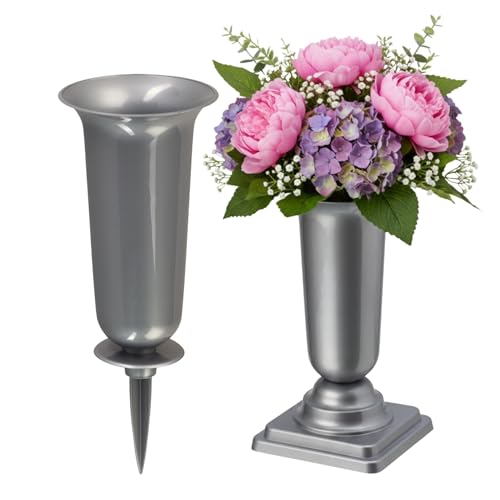 matches21 HOME & HOBBY Wetterfeste Grabvasen mit Erdspieß und Sockel (31 32 cm) Silber - 2 Friedhofsvasen als Grabschmuck