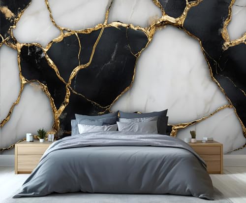 YAHLIGU Marble Peel and Stick Wallpaper, Black and White Gold Wall Paper, Nordic Modern Wallpapers for Bedroom, Cracked Gold Removable Wallpaper, Large Photo Mural for Living Room