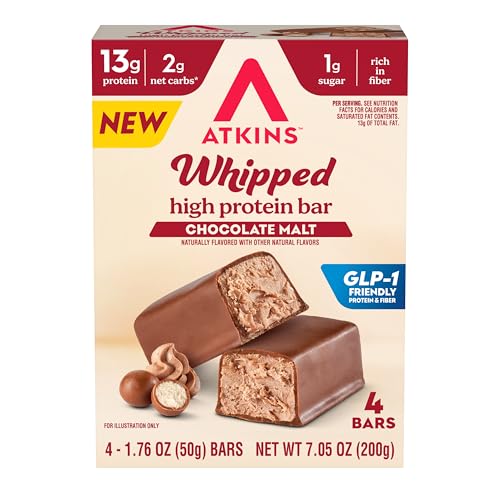 Image of Atkins Whipped Bars, Chocolate Malt Flavored, 13g Protein, 24 Count | 13g Protein, 2g Net Carbs, 1g Sugar, Rich in Fiber, Light and Airy Texture, Individually Wrapped 1.76oz Bars