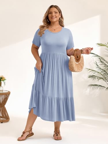 Image of LARACE Plus Size Dresses for Women Summer Casual Short Sleeve Long Dress Flowy Maxi Beach Dresses with Pockets L-6XL