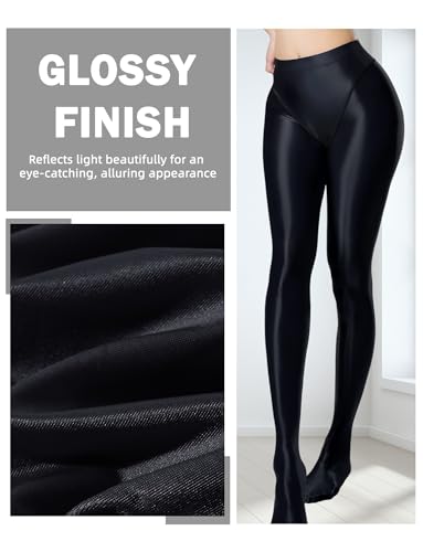 Image of FEOYA Women's Open Crotch Oil Shiny Pantyhose High Waist Control Top Silky Oily Crotchless Footed Tights Stockings