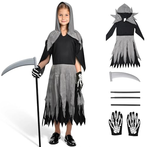 WildFun Costume da mietitore triste per bambini, con guanti e falce nel buio, costume spaventoso per Halloween da zombie per bambini e bambine dai 5 ai 12 anni (S)