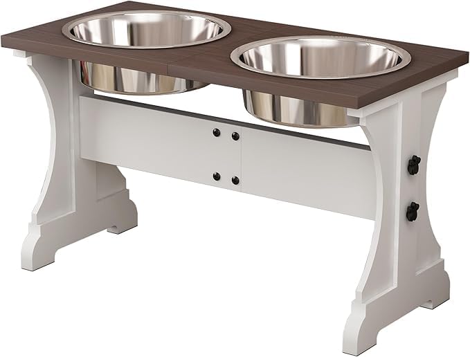 Piskyet Elevated Dog Bowls,Farmhouse Dog Bowls Stand, Raised Dog Bowl with 2 Stainless Steel Wooden Dogs Bowls 9 Cups 13.8''H_80 oz Bowl-Farmhouse Style