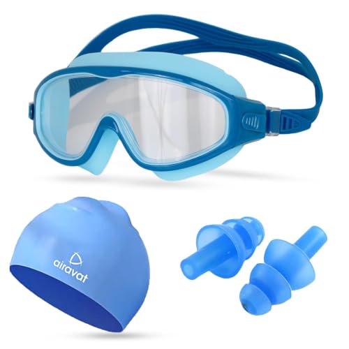 Image of AIRAVAT Macho swimming goggles for Kids Children Teens, polycarbonate goggles, Anti-Fog, Anti-UV, Wide View Swimming Goggles, Free size (Blue Combo)