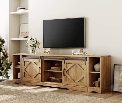 Image of WAMPAT Farmhouse TV Stand for 85-95 inch TV with Distressed Wood Finish