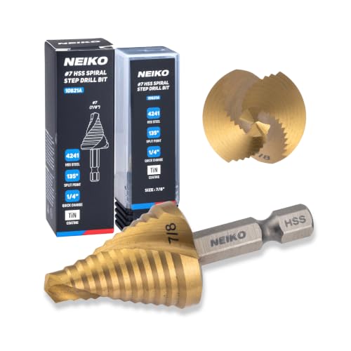 Image of NEIKO 10621A Step Drill Bit, 1 Step 7 /8 inch Spiral High Speed Steel, Titanium Nitride Coated, 1 /4 inch Quick Change Step Bits for Steel, Metal, Wood, Plastic, Unibit Cone Drill Bits, Two Flute