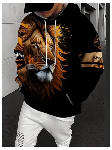 Men's 3D Lion Graphic Hoodie Long Sleeve Drawstring Oversized Pullover Sweatshirts4