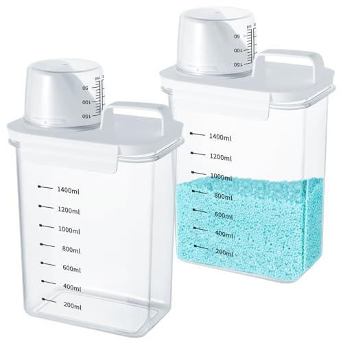 Mucek 2 Stück 1800ml Luftdichter Waschmittelspender mit Messbecher, Waschmittel Aufbewahrung,Airtight Detergent Dispenser with Measuring Cup,Waschmittelbox für pulver,Waschpulverspender