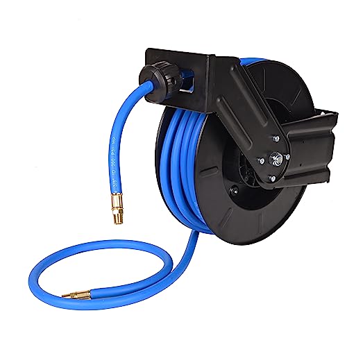 EASYUSE AA039EU1 Retractable Air Hose Reel Wall Mount 3/8 in x 50 ft Wall Mount, Retractable, 300 PSI Flexiable Hybrid Hose, black and blue