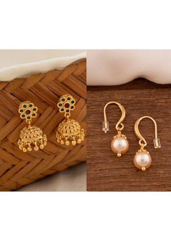 Image of Radha's Creations brass Ruby Emerald stud earrings one gram gold for women and girls one gram gold