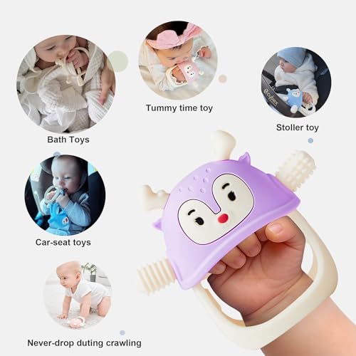 Image of Smily Mia Reindeer Hand Teether for 3-6Months, Baby Chew Toys /Teething Toys for 6-12Months, BPA Free Silicone Teething Mittens /Toothbrush for Teething Relief, Purple-Purple