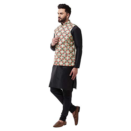 Image of SOJANYA (Since 1958 Men's Silk Blend Black Kurta Pyjama & Printed Nehrujacket Combo