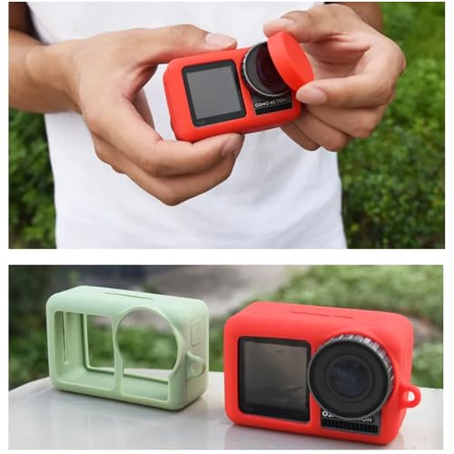 Image of Action Pro Silicone Rubber Case + Lens Protective Cap Cover Compatible with DJI OSMO Action Sports Camera (Red)