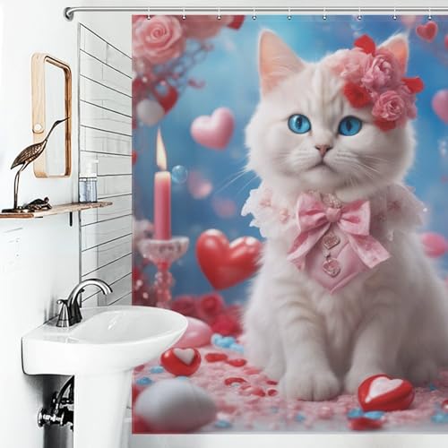 Rideau de douche lavable anti éclaboussure tissu polyester chat mignon - 6
