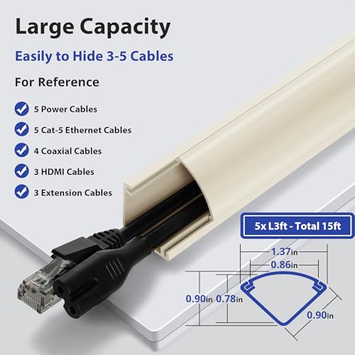Image of ZhiYo 15ft Corner Cable Hider for 3-5 Cords, Wall & Floor Cord Hider Beige | Self-Adhesive Cable Concealer, 5 Pack (3ft Each), Quarter Round Cable Management Raceway for Baseboards & Ceiling Corners