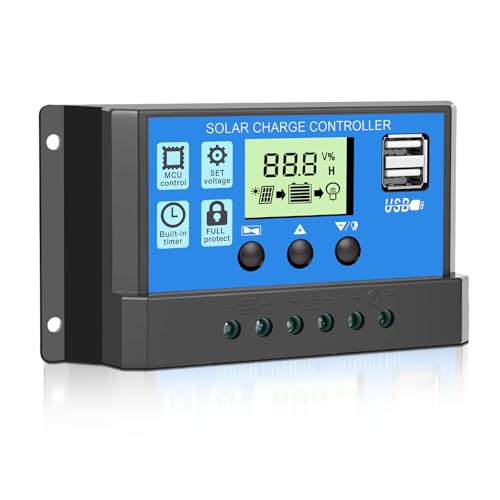 XTVTX Régulateur de charge solaire 30 A 12 V/24 V PWM Chargeur solaire Contrôleur de panneau...