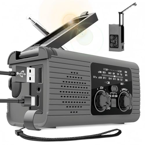 YHWSMYL防災ラジオ 手回し充電ラジオライト 懐中電灯・手動充電・ソーラー&乾電池対応 SW/AM/FM対応 地震速報リアルタイム受信 IPX3防水 スマホ充電可能・非常用照明器具・アウトドア対応 4000mAh内蔵 (グレー)