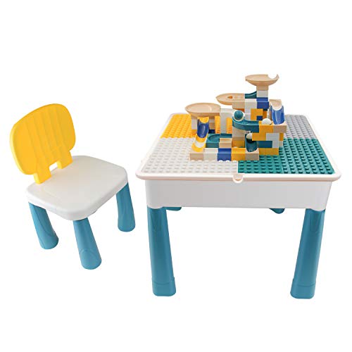 MODOO Kids Activity Table, Toddler Table and Chair Set with Storage, Play Table with 90 Pcs Building Blocks and Bricks Toy, Safety ABS Material Sand Table for Boys Girls Over 3 Years Old (Large)