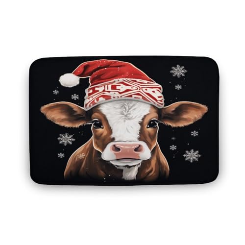 Cute Cow in Santa Hat Snowflake Xmas Bathroom Mats Rugs Cute Cartoon Cattle Cow Small Plush Mats Bathmats Coral Velvet Soft Washable Non Slip Absorbent Shower Carpet for Bath Tub Shower 20
