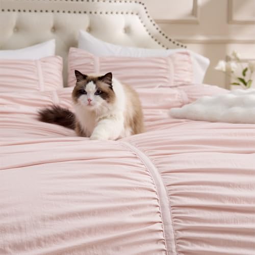 Image of Bedsure Ruched Comforter Set with Bow Trim Pink, GentleSoft 3 Pieces Bow Bedding Pink Room Decor, King Boho Bedding for Girls Teens Women, 1 Bed Comforter, 2 Pillow Shams, 104x90 Inches