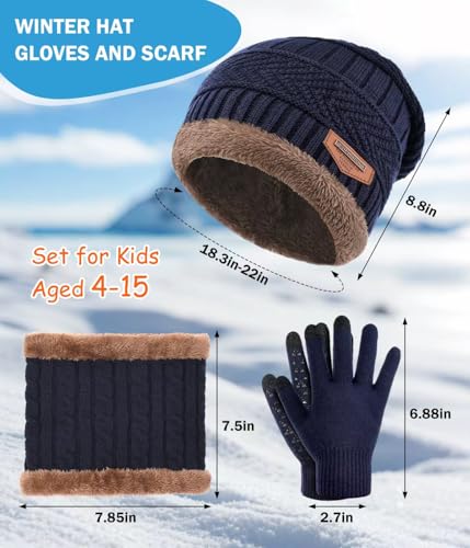 Image of Kids Winter Hat Scarf&Touchscreen Gloves Set,Knitted Beanie with Fleece Lining, Neck Warmer for Boys Girls 4-15 Years