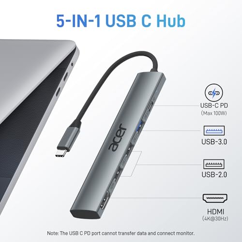 Acer 5 in 1 USB C Hub with 4K HDMI, 100W Power Delivery, 3 USB A Data Ports - image 2