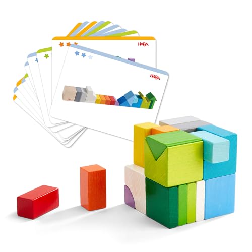 HABA 305463-3D-Legespiel Würfelmix, Holzspielzeug zum Legen und Stapeln, 19 Holzbausteine, 10 Vorlagekarten zum Nachbauen, Spielzeug ab 3 Jahren