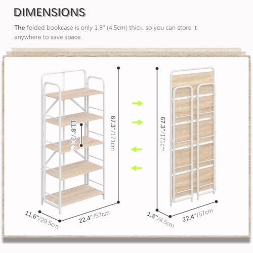 Image of 4NM No Assembly Folding Bookshelf, 5 Tiers Collapsible Book Shelves Open Industrial Foldable Storage Bookcase Shelf for Bedroom, Living Room, Home Office - Natural and White