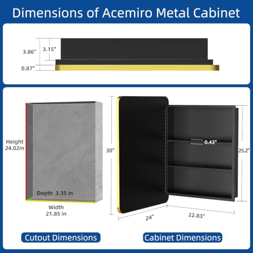 Image of ACEMIRO 24x30 Inch Bathroom Medicine Cabinet with Mirror Gold Metal Framed Recessed or Surface Wall Mounted Mirrored Medicine Cabinets for Bathroom