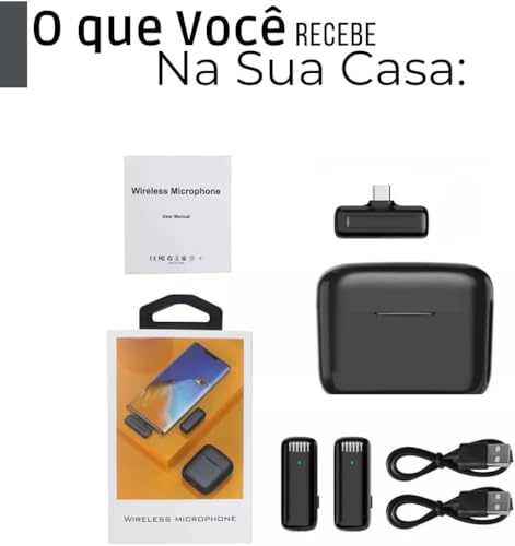 Microfone de Lapela Duplo Sem Fio USB-C com Estojo de Carregamento Compatível com iPhone 15 e Androi