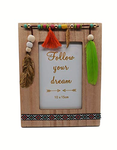 Schmucks HOME Boho Deko, Bilderrahmen 10 x 15 cm, Bilderrahmen Boho, Bilderrahmen aus Holz mit Federn und Quasten im Boho Cover