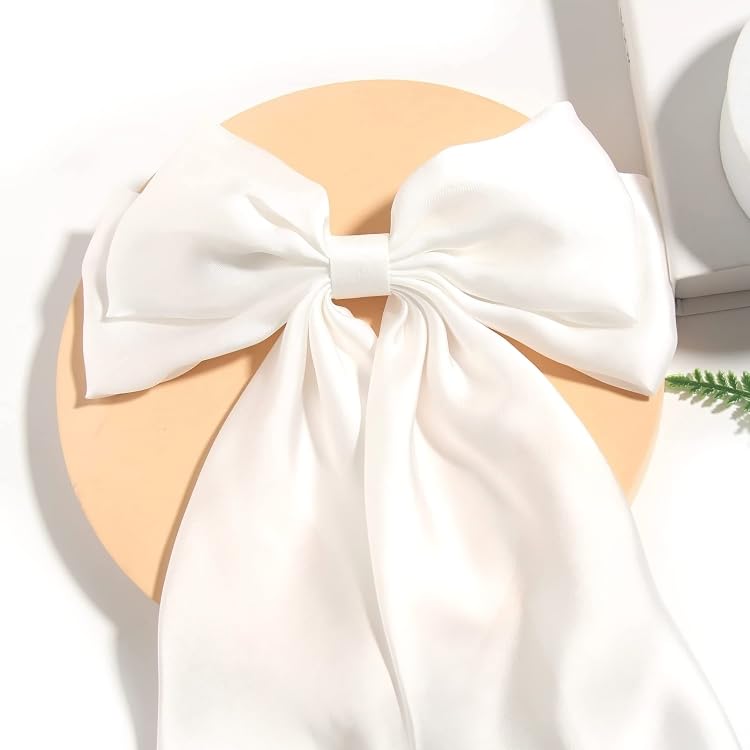 Image of FilterFashion Large Satin Hair Bow - 11.5 Inch Oversized Bow Clip for Girls & Women, Elegant Hair Accessory(White)