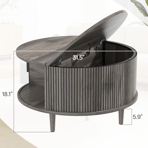 Image of Round Coffee Table with Storage, Mid Century Modern Coffee Table, Fluted Dining Table with Sliding Door, Circle Coffee Table for Living Room Home Office, 31.5 inch, Gray