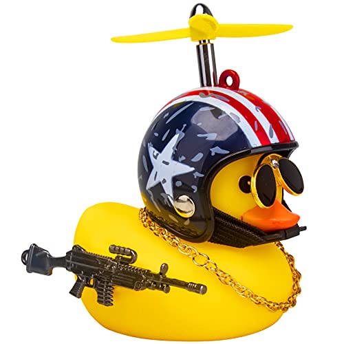 wonuu Rubber Yellow Duck Toy Car Ornaments Cool Duck Car Dashboard Decorations with Propeller Helmet Sunglasses (Stars&Stripes-Yellow G)