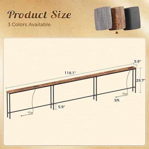 Image of Huuger 118 Inch Sofa Table with Power Outlets, Skinny Behind Couch Table | 5.9 Inch Narrow Entryway Table, Extra-Long Console Table, Behind the Couch Table with Outlet for Living Room, Rusitc Brown