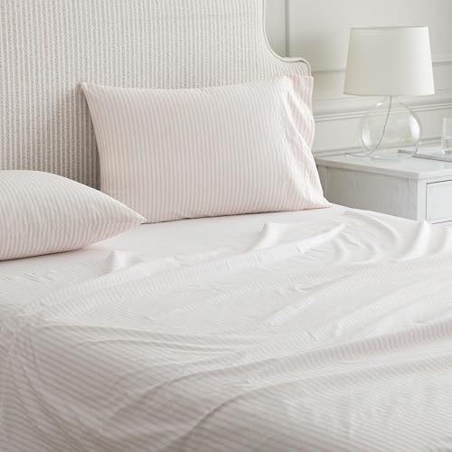 Image of Martha Stewart - Twin XL Size Sheet Set, Breathable Cotton Percale Bedding with Matching Pillowcase, Fully Elastic Fitted Sheet, Deep Pocket, Crisp & Cooling All-Season Comfort (Ticking Stripe Pink)